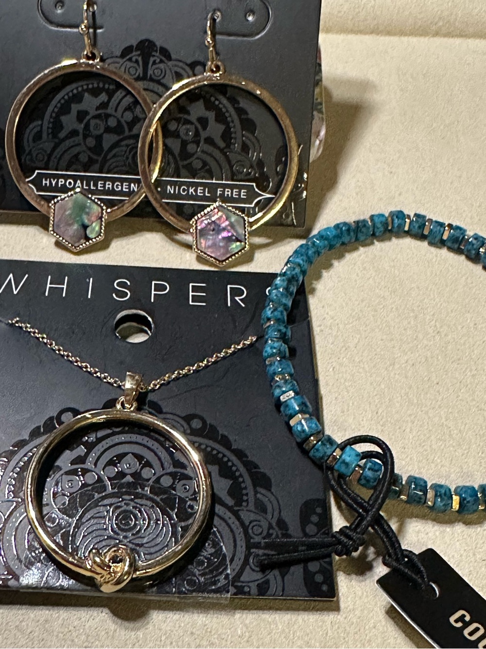 COCO + CARMEN Whispers Jewelry Set: Abalone Earrings, Knot Necklace & Bracelet